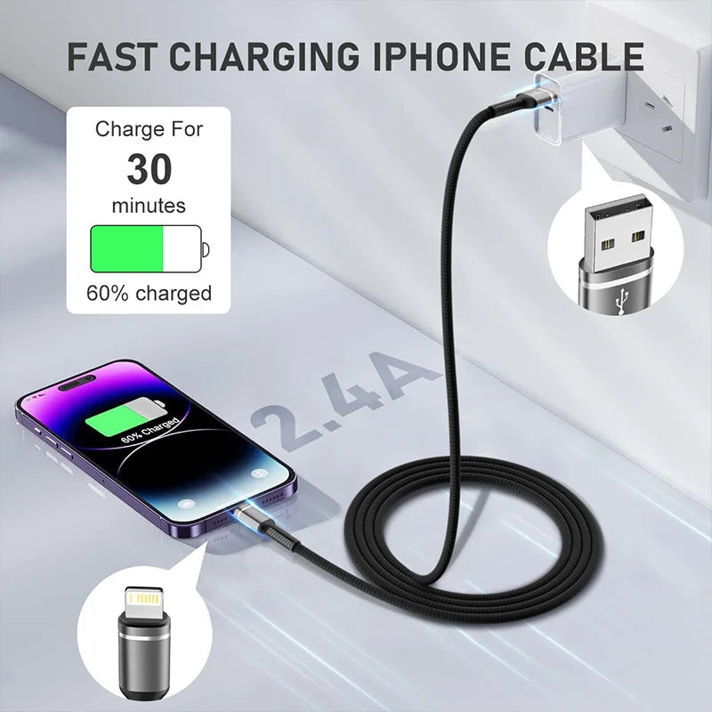 Mfi Certified Nylon Braided Fast Charging Cable for Iphone 14 plus 13 Pro Max 12 11 XR XS 2.4A USB Lightning Super Charge Line